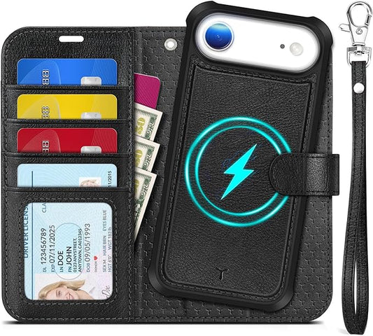 TUCCH Detachable Case Wallet for iPhone Air (6.5") 2025, Removable Wrist Strap, Wireless Charging, Stand, 4 Card Slots RFID Blocking, 2-in-1 Magnetic, PU Leather, Protective Cover, Textured Black