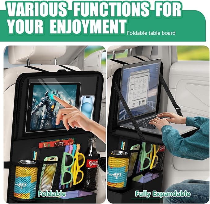 Car Backseat Organizer with Tablet Holder,11 Storage Pockets with Foldable Food Tray, Protector Kick Mats for Kids, Travel Accessories Organizer (Black, 2Pack with Food Tray)