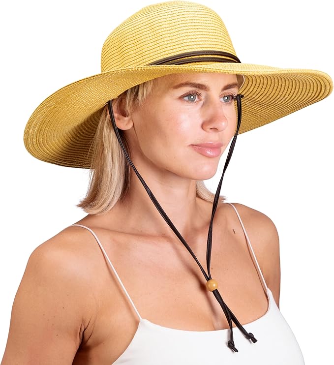Sloggers Women's Wide Brim Braided Sun Hat with Wind Lanyard - UPF 50+ Maximum Sun Protection