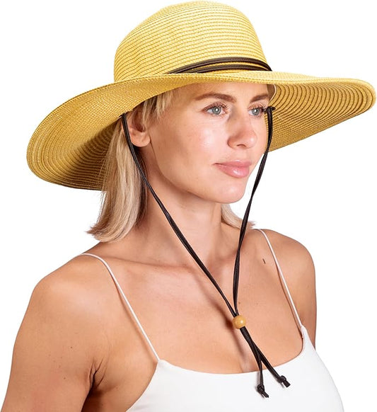 Sloggers Women's Wide Brim Braided Sun Hat with Wind Lanyard - UPF 50+ Maximum Sun Protection