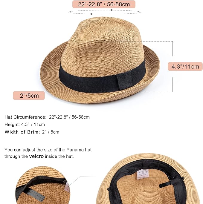 DRESHOW Women Straw Panama Hat Travel Fedora Beach Sun Hat Summer Wide Brim Straw Roll up Hat UPF 50+