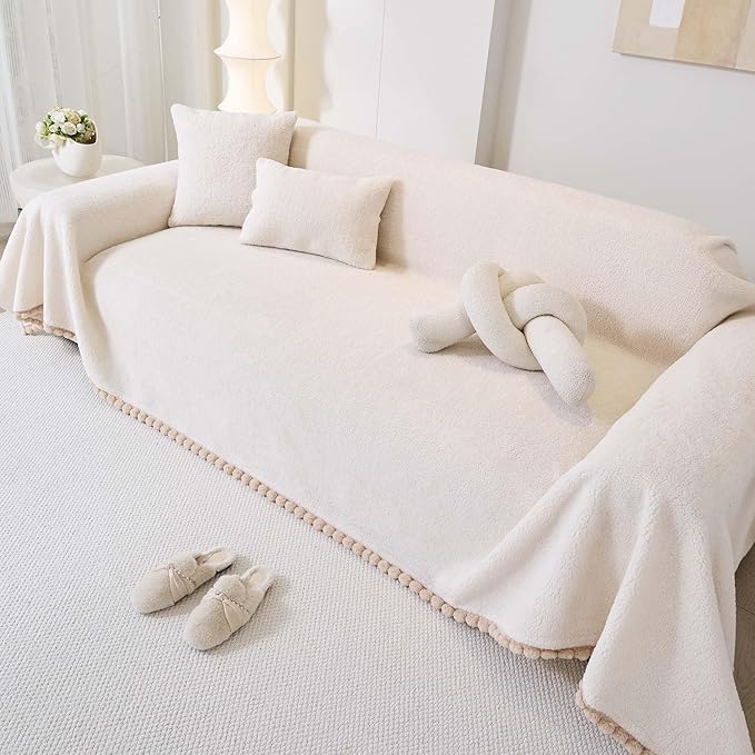 Sherpa Fleece Couch Cover for 3 Cushion Sofa, Beige, 71" x 134" - Pet Proof Sofa Covers Heavy Duty Scratch Resistant Pet Friendly Furniture Cover - Easy Install, Machine Washable