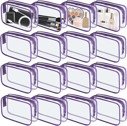 16 Pieces Clear Makeup Bag PVC Zippered Clear Toiletry Carry Pouch Portable Cosmetics Bag Waterproof Makeup Bag Vinyl Plastic Organizer Case for Travel Vacation Bathroom (Purple-M)