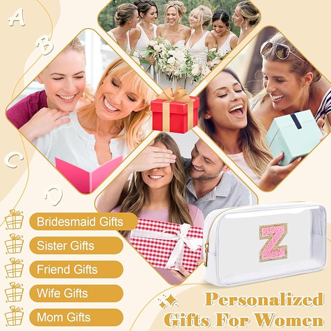 Personalized Initial Letter Clear Makeup Bag,Preppy Small Nylon&PVC Cosmetic Zipper Bag with Chenille Letter,Travel Skincare Toiletry Bag,Monogram Christmas Gift for Teen Girls Women,Z