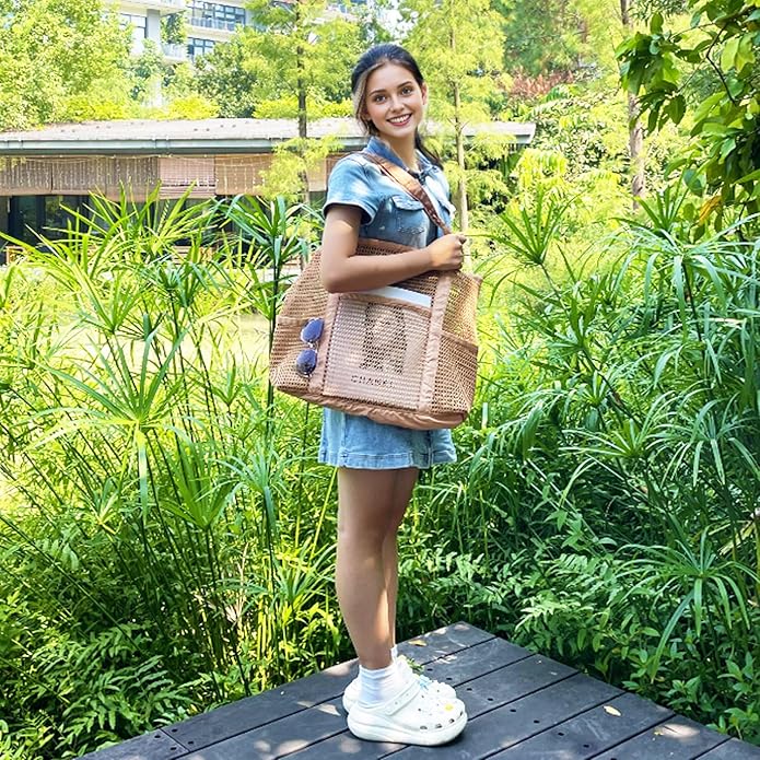 Mesh Beach Bag for Women, Casual Hobo Bags Large Beach Tote for Pool Travel Cruise Vacation Essentials