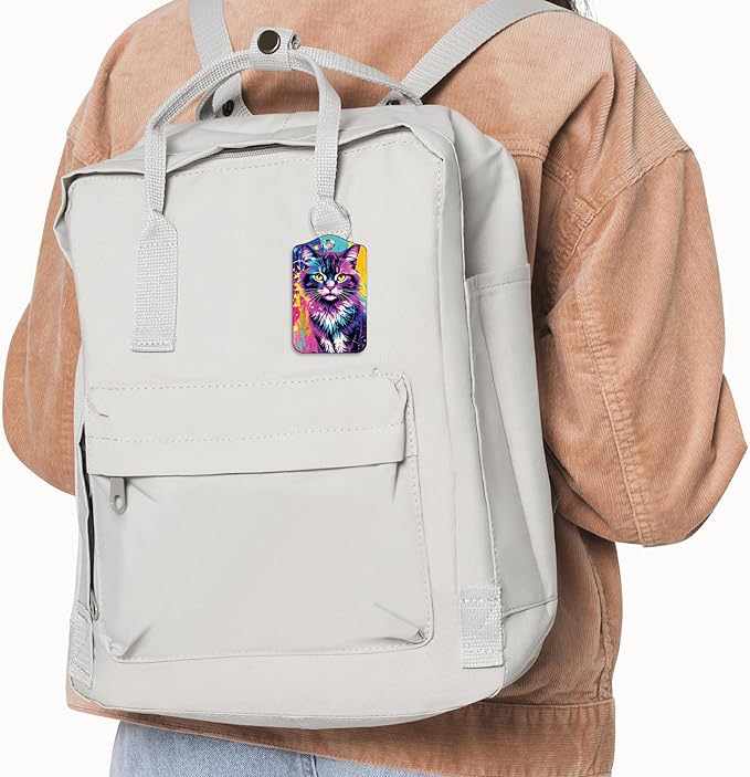 2 Pack Luggage Tags for Suitcase,PU Leather Travel Cruise Luggage Tag with Privacy Cover,Name ID Label and Steel Ring,Travel Essentials for Women Men (Cat with Abstract Beauty)