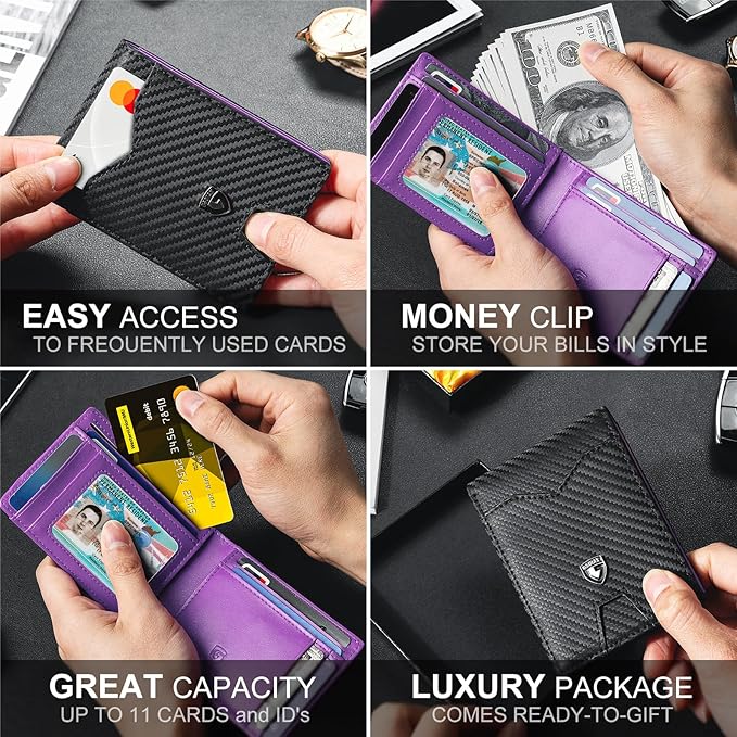 GSOIAX Mens Slim Wallet for Men Minimalist Genuine Leather Carbon Fiber Rfid Blocking Cowhide Bifold Credit Card Holder With Gift Box (Carbon Black and Purple)