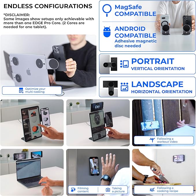 Rolling Square Edge Pro Core - Magnetic Mount Phone Holder Stand for Computers and Tablets | Secure Metal Plate Adhesive or Standalone Mode Compatible with MagSafe, Qi, and Non-MagSafe Devices, Black