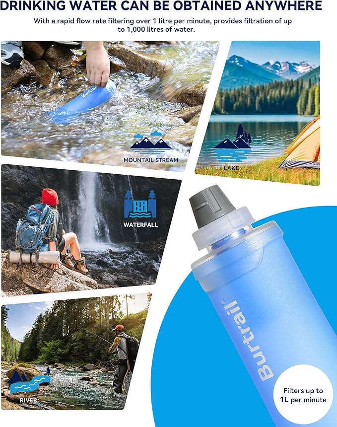 1.0L Collapsible Water Filter Bottle, BPA-Free Ultralight & Durable Squeeze Bottle with 42mm Filter Cap Cartridge, Filtered Water Bottle for Camping, Hiking, Backpacking, Survival & Travel