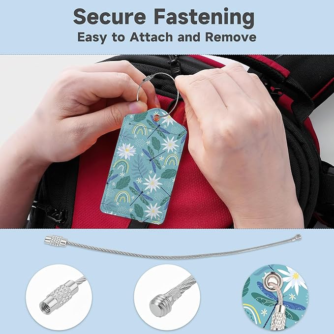 Dragonflies Luggage Tags for Suitcases,2 Pack Rainbows and Flowers Luggage Tag,Leather Stainless Steel Loop Label Tag for Women Men Girls Travel Bag Suitcase