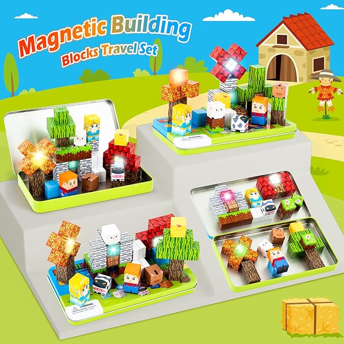 45PCS Magnetic Blocks Travel Toys for Kids with Portable Iron Box, Mini Magnetic Cubes Toys for Airplane & Car Ride STEM Learning Gift Idea for Ages 3+（ Farm Theme）