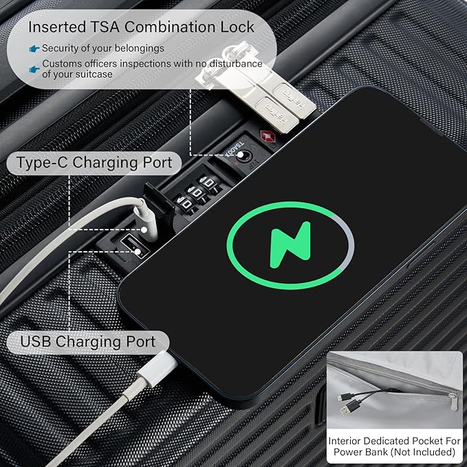 Hard Shell Suitcases Travel Expandable Luggage, 24 Inch Check in Luggage with Spinner Wheels Cup Holder Charger Built in, Checked Medium Suitcase Lightweight Suitcases, Black