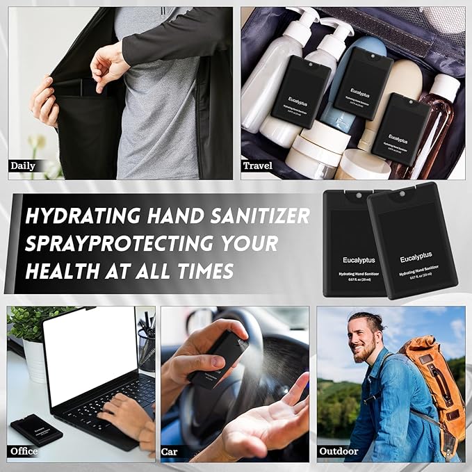 6 Pack Hand Sanitizer Spray for Men Black Travel Size Hand Sanitizer Spray Mini Eucalyptus Scented Hydrating Pocket Gifts for Coworker Staff Teacher Holiday New Year Party Gift