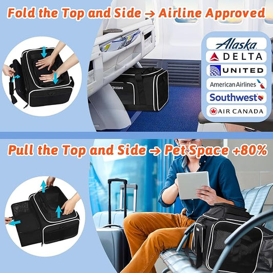 Petskd Top and Side Expandable Pet Carrier 17x11x9.5 Inches Alaska Airline Approved, Soft-Sided Carrier for Small Cats and Dogs with Locking Safety Zippers and Anti-Scratch Mesh(Black)