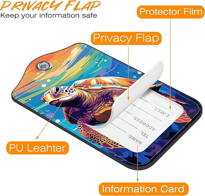 Sea Turtle Luggage Tag for Suitcase 2 Pack Leather Luggage Tag with Privacy Flap Name ID Label and Metal Loop for Women Men Travel