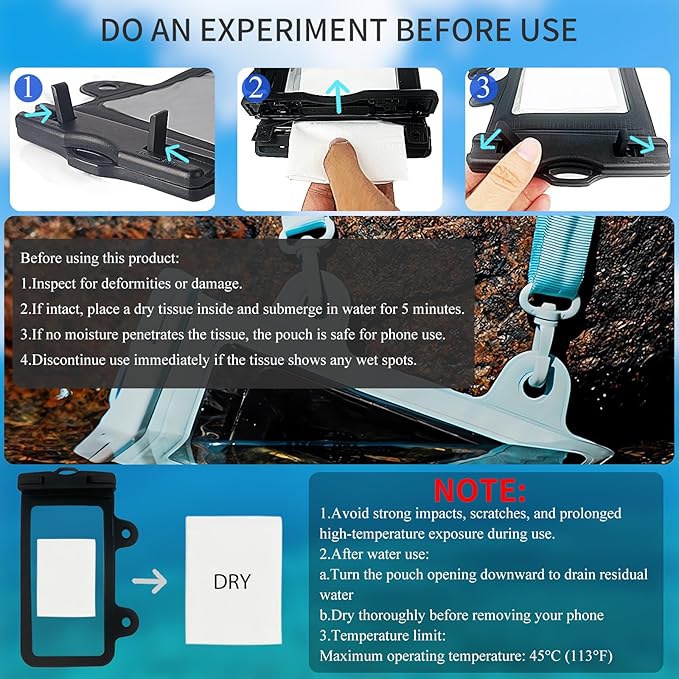 XL Waterproof Phone Pouch iPhone &Shower Phone Holder Waterproof with 2 Suction Cups,Water Phone Protector Pouch with Adjustable Lanyard,Floating Phone Case for iPhone 16 15 14 ProMax (Black)