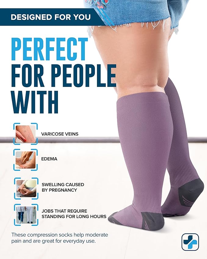 Doctor's Select 3 Pairs Plus Size Compression Socks Wide Calf - Up to 6XL | 20-30 mmHg Compression Socks for Women Wide Calf | Gray, Light Blue, Rose Gry/LghtBlu/Rse-6XL