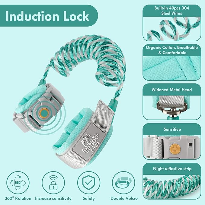 Lehoo Castle Anti Lost Wrist Link, Kid Harness with Induction Lock, Safety Wrist Leash for Toddlers, Safety Harness for Kids, Backpack Leash for Kids (Green)