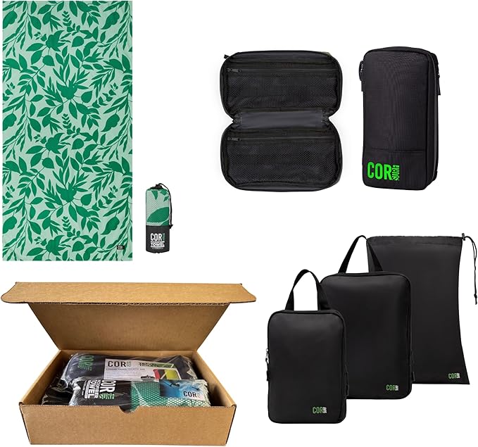 Travel Gift Box Set: Includes COR Surf Premium Toiletry Travel Bag, Compression Packing Cube Set and our Premium Compact and Quick Dry Travel Beach Towel (Kailua)