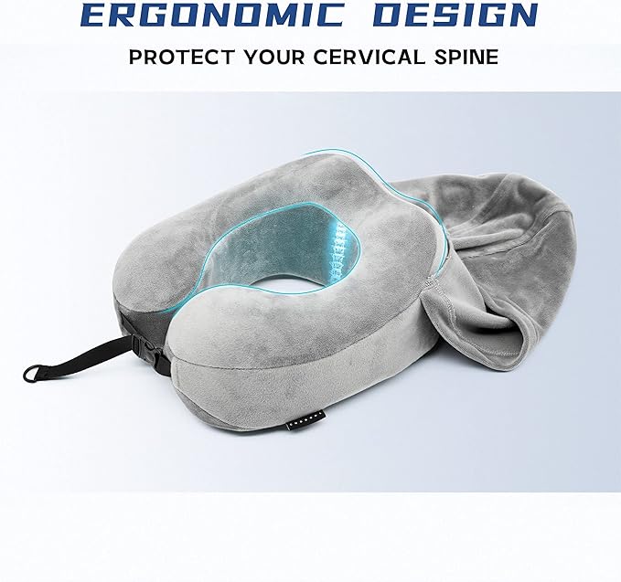 Hoodie Travel Pillow Memory Foam Neck Pillow Head Chin Support Airplane, Car, Office & Home Sleep Rest Traveling Pillow(Gray,M)