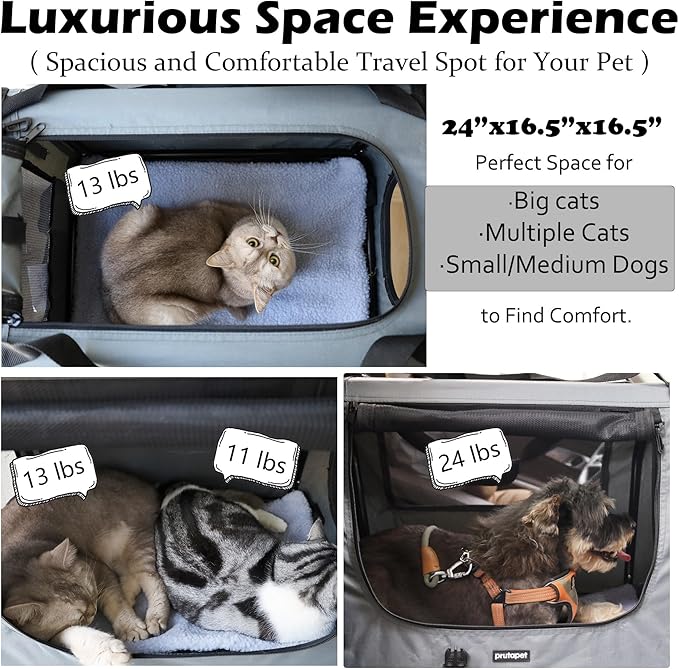 Large Cat Carrier 24"x16.5"x16.5" Portable Dog Crate for Small Medium Dogs Collapsible Traveling Pet Crate with Collapsible Bowl