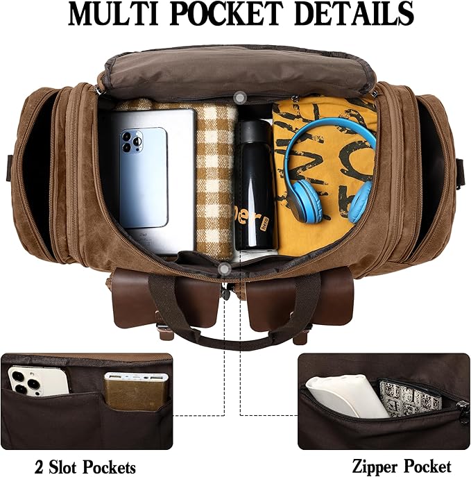 Waxed Canvas Duffle Bag for Men 50L Travel Duffel Bags Expandable Genuine Leather Duffel Overnight Weekender Carry On Bag Two Zipper Pockets Travel Bag (Vintage Dark Brown, Large-50L)