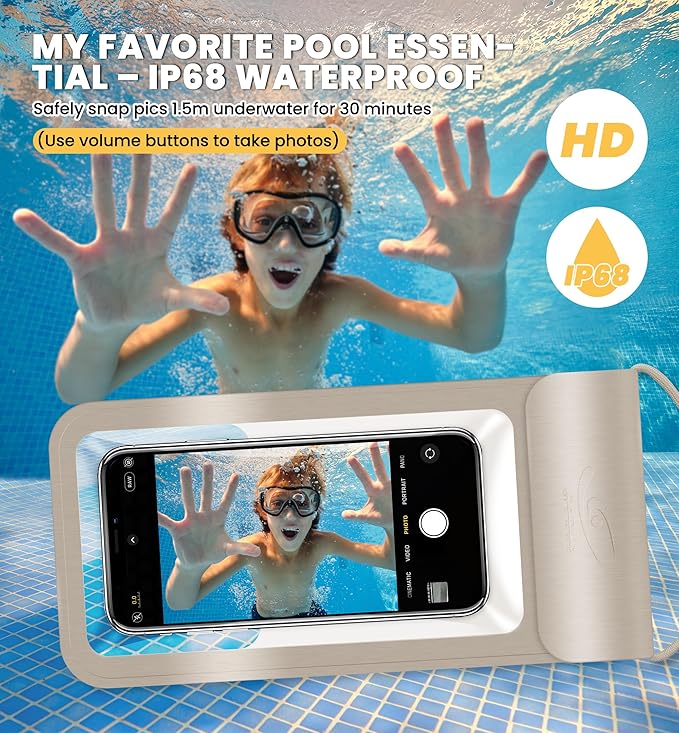 HiRui Universal Waterproof Phone Pouch with Touch Screen, IP68 Waterproof Phone Case Dry Bag for Beach, Compatible with iPhone 16/15/14/13/12/XR/SE, Samsung Galaxy, Fits up to 6.1" (Gold, Large)