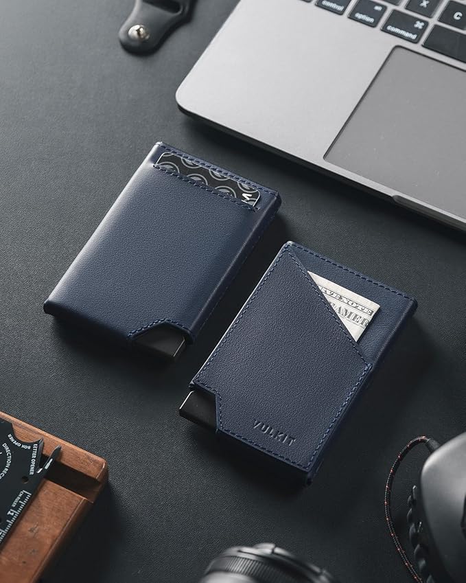 VULKIT Pop up Card Wallet Top-Grain Genuine Leather RFID Blocking Slim Aluminum Metal Bank Card Holder Case with Business Money Pocket for Credit Cards Notes and Coins Navy