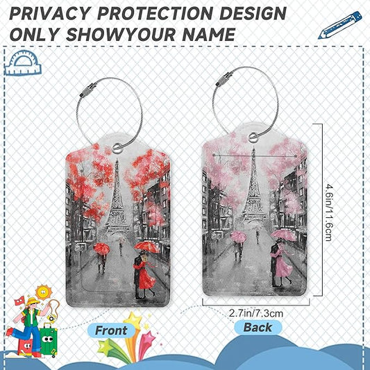 Set of 2 Luggage Tags for Suitcases, Leather Romantic Eiffel Tower Baggage Tags with Stainless Steel Loop, Privacy Name ID Card Cover Kawaii Travel Labels for Women Men Kids Girls