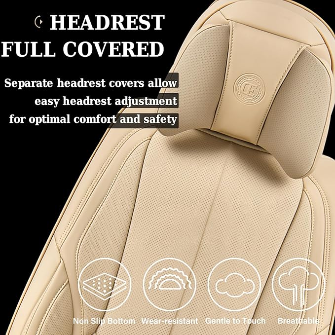 Coverado Universal Seat Covers Full Set, 5 Seats Universal Seat Covers for Cars, Waterproof NAPPA Leather Car Seat Covers with Head Pillow, Auto Protectors Fit for Most Sedans SUV Pick-up Truck, Beige