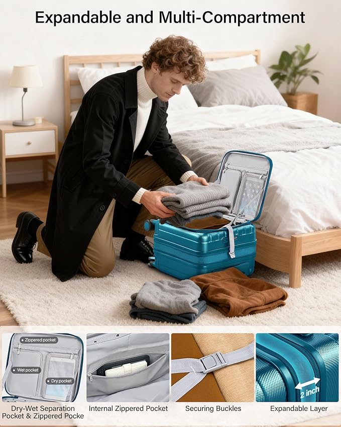 Hanke 16 Inch Expandable Under Seat Luggage with Wheels Top Opening Small Suitcase with Wheels Carry On Luggage Airline Approved Lightweight Hard Shell Suitcases for Weekender Overnight-Caribbean Blue