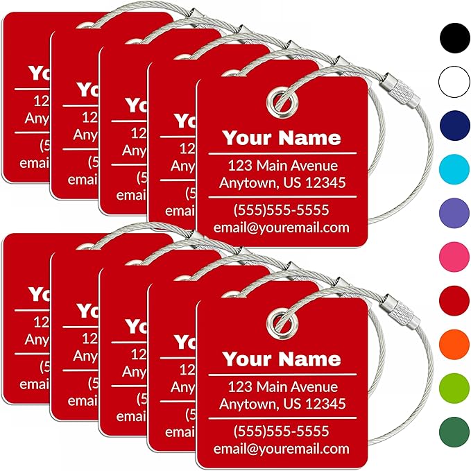 Personalized Luggage Tag | 10 Pack | Custom Luggage Tags for Suitcases | Kids Backpack Tag | 10 Color Options & Choose Font, Font Color