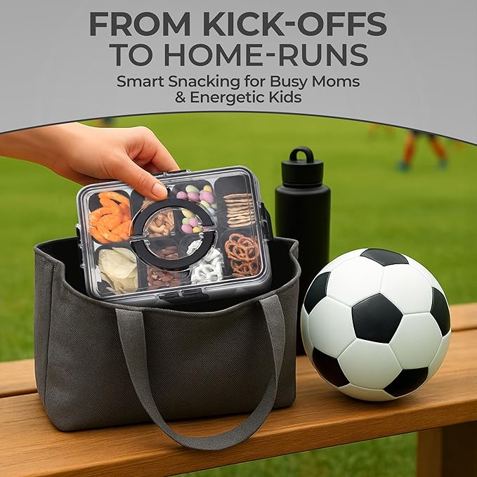 Snackle Box Container with Lid- Travel Charcuterie Box with Handle - Organizer for Candy, Fruit, Nuts, Veggies, Snacks, Beach Essentials, Portable Lunch Box (Black, Large)