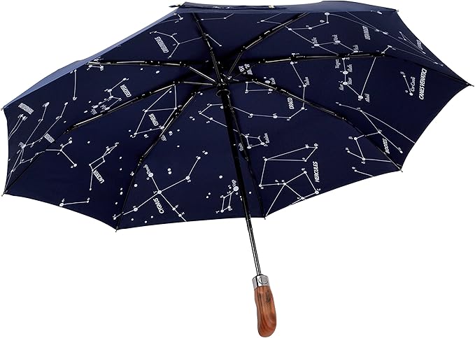 Balios (Designed in UK) Umbrella Handmade Real Wood Handle-Dark Navy with Sophisticated Constellation Interior Pattern-Windproof Fiberglass Auto Open Close Folding-300T Finest Fabric
