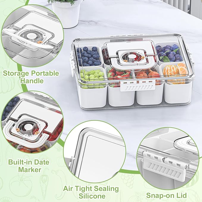 Snackle Box Container with Ice Pack, Bonus Insulated Bag Charcoolerie Chilled Portable Serving Tray with Lid and Handle，8 Compartment Snack Container for Charcuterie Snack Road Trip Picnic