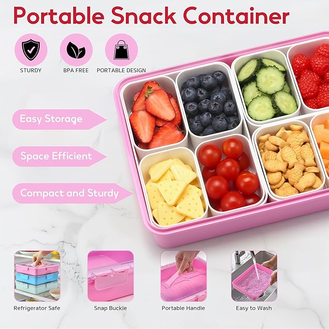 Snackle Box Container for Adults, 11 in 1 Divided Serving Tray Snack Box Containers with Stackable Compartment and Handle, Customizable Charcuterie Boxes Portable Snack Platter for Party Travel, Pink