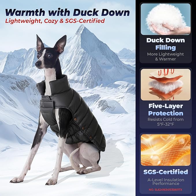 SPACE LION Dog Puffer Jacket, Down Winter Coat, Durable Outdoor Coat for Cold and Windy Conditions, Lightweight & Adjustable Fit Coats for Small & Medium Dogs, (Black, Size12/M)
