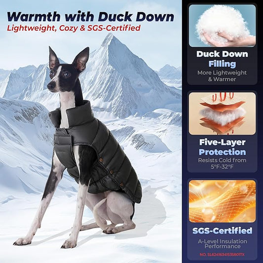 SPACE LION Dog Puffer Jacket, Down Winter Coat, Durable Outdoor Coat for Cold and Windy Conditions, Lightweight & Adjustable Fit Coats for Large Dogs,(Black, Size28/4XL)