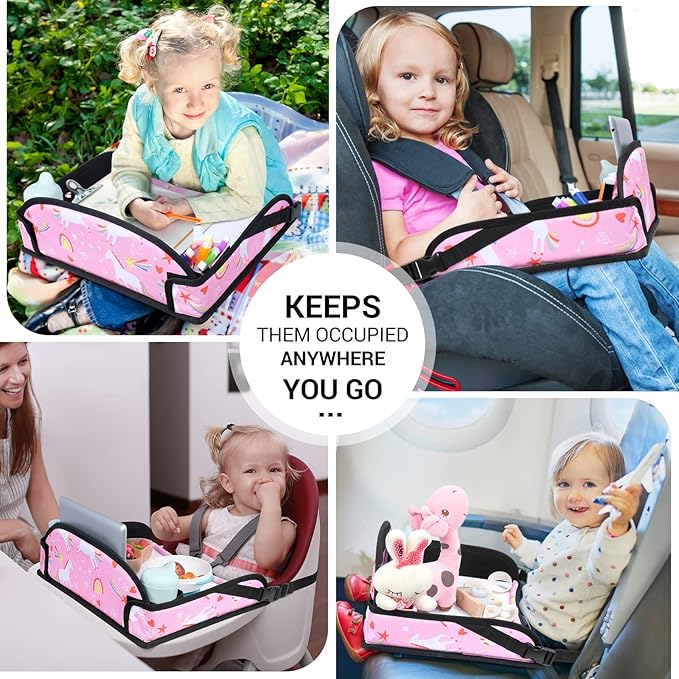COOLBEBE Kids Travel Tray for Toddler Car Seat, Travel Tray for Airplane, Toddler Car Seat Lap Tray, Carseat Table Tray for Kids Travel Activities (Pink Unicorn)