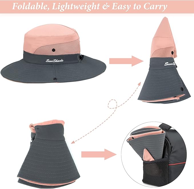 Women's Outdoor UV-Protection-Foldable Sun-Hats Mesh Wide-Brim Beach Fishing Hat with Ponytail-Hole