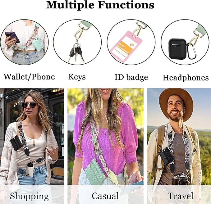 Crossbody Body Phone Holder for Women, New Phone Strap with Zippered Pouch, Adjustable Crossbody Strap (Black+White+Green+Leopard)