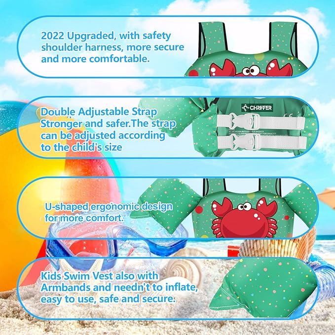 Chriffer Kids Swim Vest Life Jacket for 30-55 Pounds Boys and Girls, Toddler Floaties with Shoulder Harness Arm Wings for 2,3,4,5,6,7 Years Old Baby