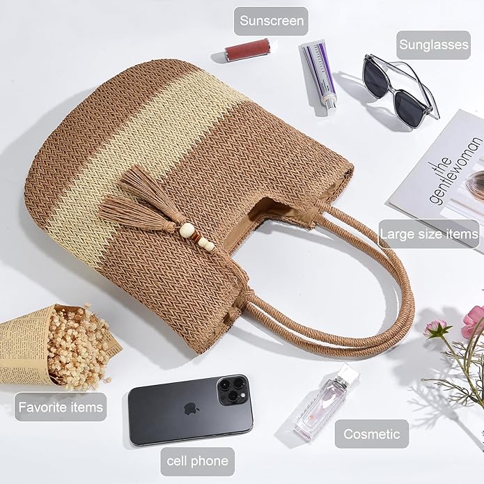Straw Beach Bags for Women Woven Beach Tote Bag Casual Boho Large Shoulder Handbags Purse for Vacation Holiday