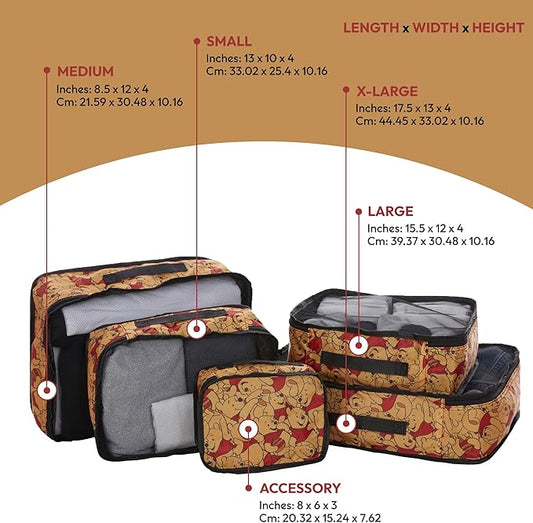 Disney Minnie Mickey Stitch Packing Cubes - Winnie the Pooh, Princess Cinderella, Cars, Toy Story 5 Piece Packing Cubes Compression - Travel Essential - Luggage Suitcase Organizer Set