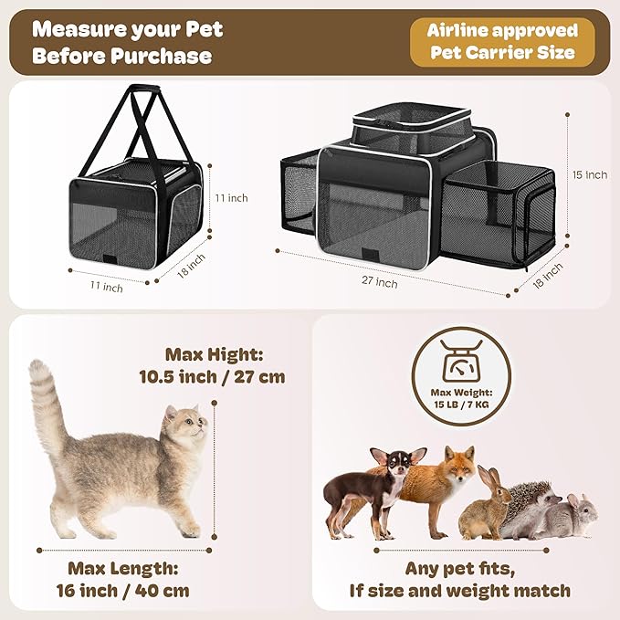 Top and 2 Sides Expandable Cat Carrier 18x11x11, TSA Airline Approved Dog Carriers for Medium Dogs, Soft-Sided Pet Carrier with Self-Locking Zippers for Kitten,Rabbit, Puppy, Guinea Pig Black White