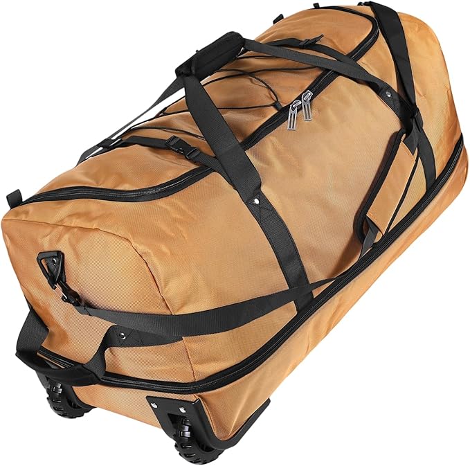 110L Expandable to 140L 32” Foldable Oxford Soft-Sided Rolling Duffle Bag with 2 Heavy-Duty Wheels,3 Large Compartments,Adjustable Shoulder Strap and Attached Organizer Pouch,Coffee