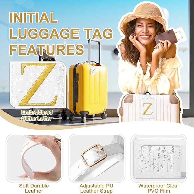 Personalized Initial Luggage Tags for Suitcase TSA Approved, White Leather Cute Luggage Tag with Privacy Cover Name Card, Embroidered Custom Luggage Tags Travel Baggage Tags Gifts for Women Kids(Z)