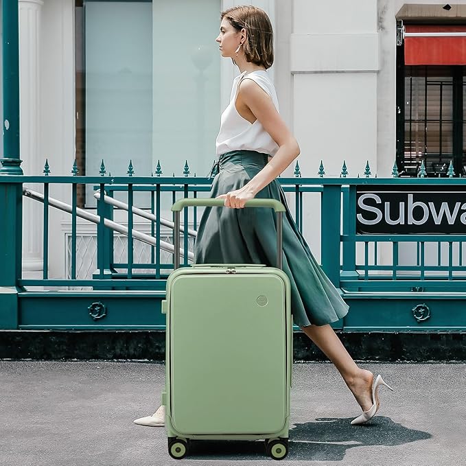 mixi Carry On Luggage Wide Handle Luxury Design Rolling Travel Suitcase PC Hardside with Aluminum Frame Hollow Spinner Wheels, with Cover, 20 inch, Avocado Green