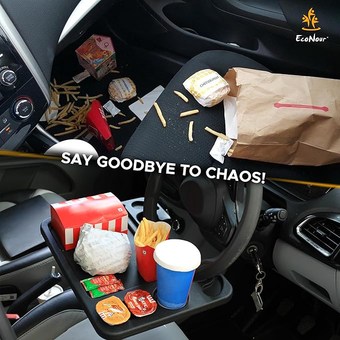 EcoNour 4 in 1 Car Steering Wheel Tray - 2024 Upgraded Tray with Dual Sauce Dip Holder and Tablet Holder | Spacious Steering Wheel Desk for Food and Laptop | Car Accessories (Large)