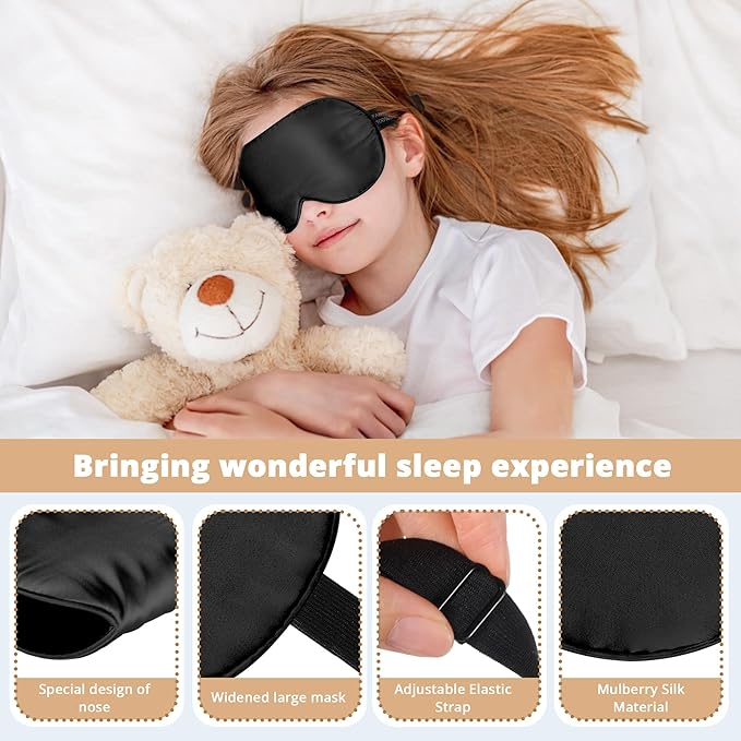 Kids Sleep Mask Eye Cover, 100% Real Natural Pure Silk Eye Mask with Adjustable Strap, Blindfold Kids Eye Mask for Sleeping, Eye Shade for Boys Girls and Adult, Pressure-Free Comfort (Black)